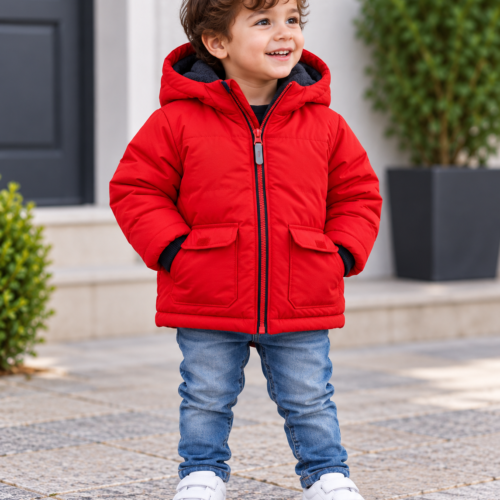 petit garçon en veste rouge devant l’entrée