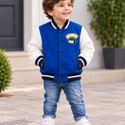 petit garçon en veste varsity bleue