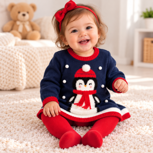 petite fille au pull pingouin rouge et bleu petite fille au pull pingouin rouge et bleu