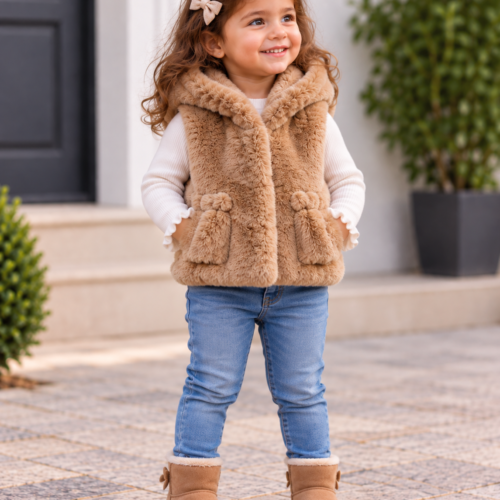 petite fille en gilet camel devant la maison