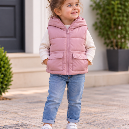 petite fille en gilet rose devant la maison