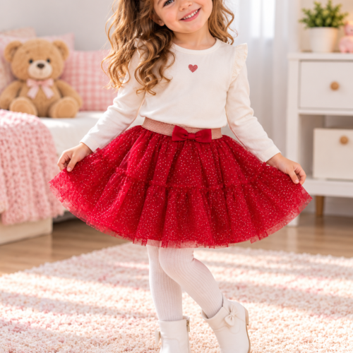 petite fille en jupe rouge scintillante petite fille en jupe rouge scintillante