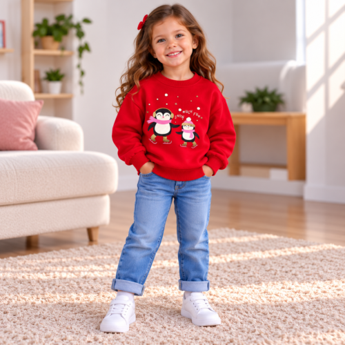 petite fille en pull rouge festif chez elle