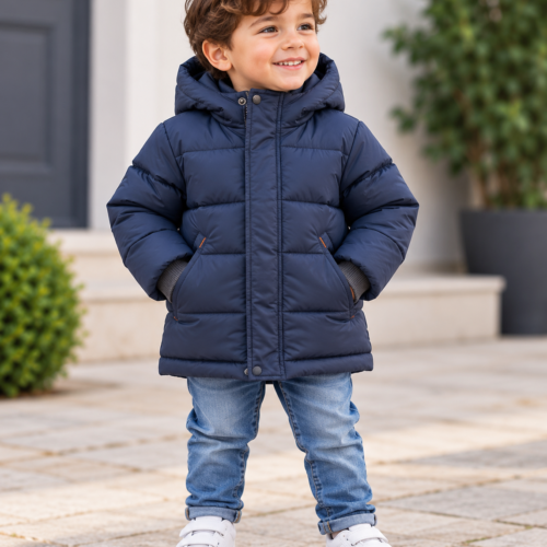 portrait d’enfant en doudoune bleu marine portrait d’enfant en doudoune bleu marine