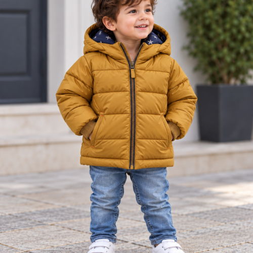 portrait d’enfant en veste matelassée moutarde portrait d’enfant en veste matelassée moutarde