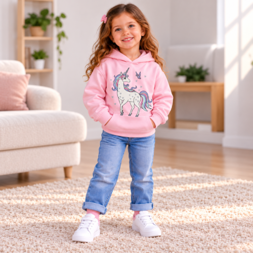 portrait d’une petite fille en sweat licorne