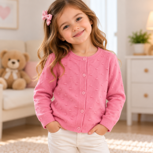 portrait enfantin en cardigan rose texturé portrait enfantin en cardigan rose texturé