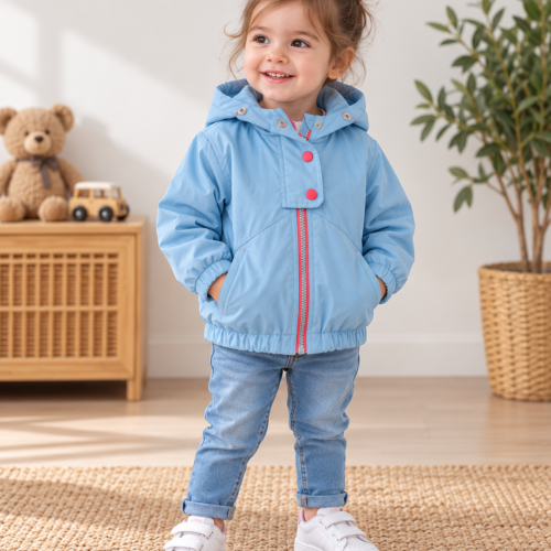 petite fille en veste bleue pastel